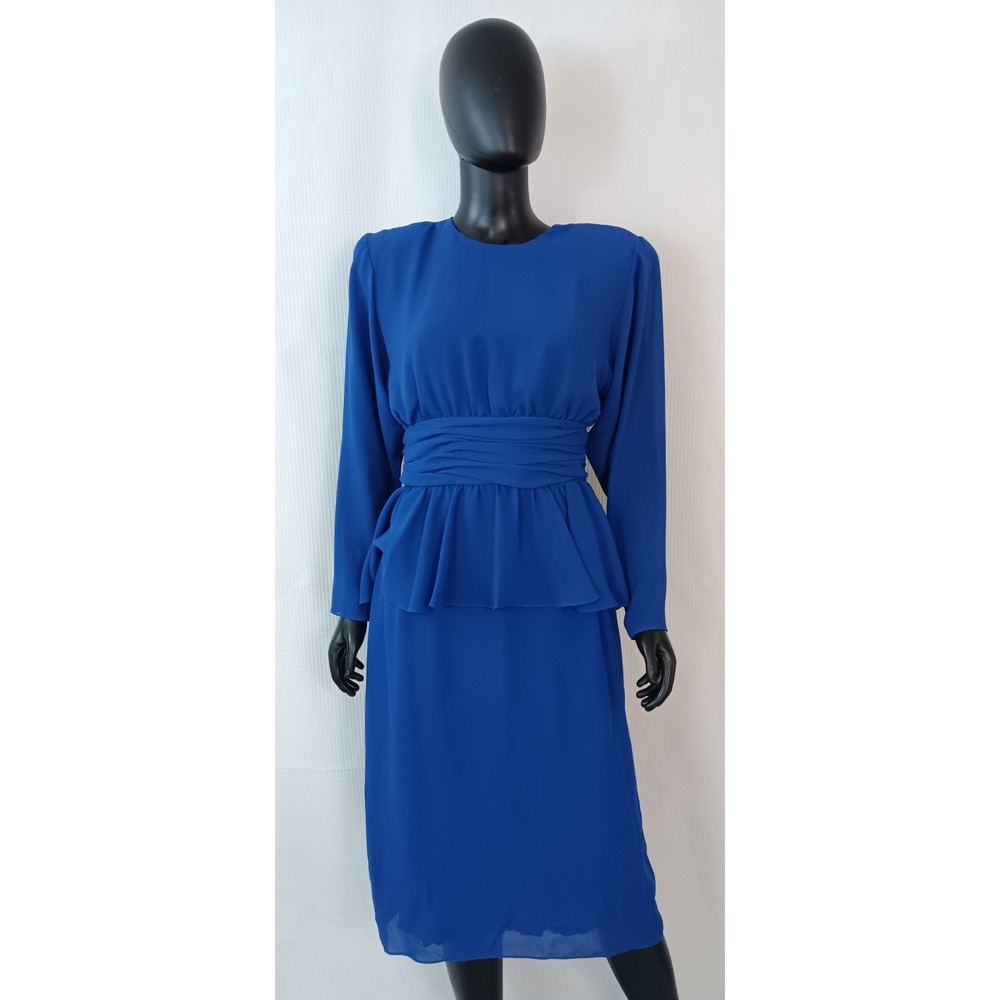 Miss Elliette Vintage Blue Chiffon Peplum Dress Cut Out Back Bow size 8